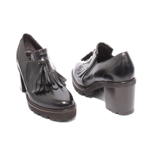 ITALIAN Black Leather Elastic Fringe Heel Platform Shoes - Picture 2 of 8